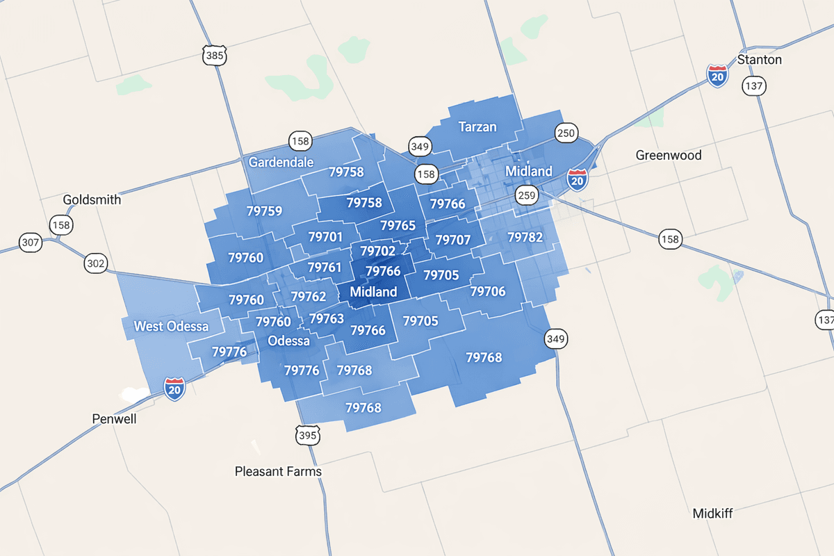 Drop Fuel TX delivery coverage area — Midland, Odessa, and surrounding zip codes